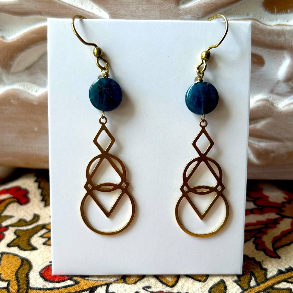 Hand Crafted Earrings Apatite Geometric Boho - 2.5” Drop - Raw Brass - NWT